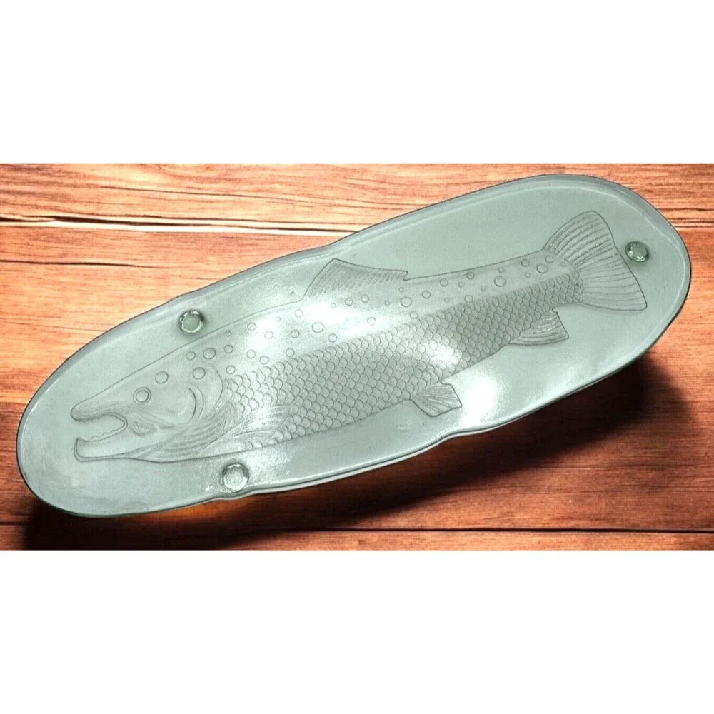 NEW Large Pottery Barn Serving Platter Fish Salmon Thick Green Glass Italy 23